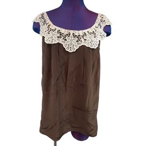 Milly of New York Cottagecore Brown Silk Blouse Cream Lace Straps Size 6 Women's